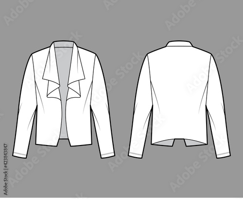 Roomy jacket technical fashion illustration with oversized, long sleeves, wrap collar opening. Flat coat template front, back, white color style. Women, men, unisex top CAD mockup
