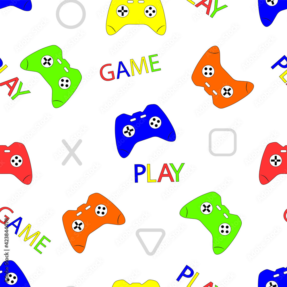 Children's seamless pattern with multicolored gaming joysticks, text and icons on white background. Children's seamless pattern with multicolored gaming joysticks, text and icons on white background.