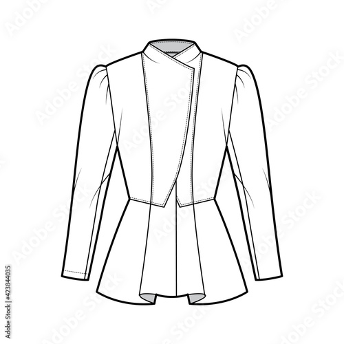 Peplum hem jacket technical fashion illustration with fitted body, long gigot sleeves, wrap collar opening. Flat coat template front, white color style. Women, men, unisex top CAD mockup