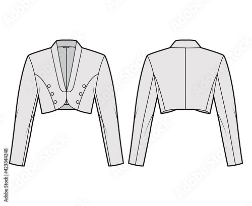 Bolero jacket technical fashion illustration with crop waist length, long sleeves, shawl collar, button closure. Flat blazer template front, back, grey color style. Women, men, unisex top CAD mockup