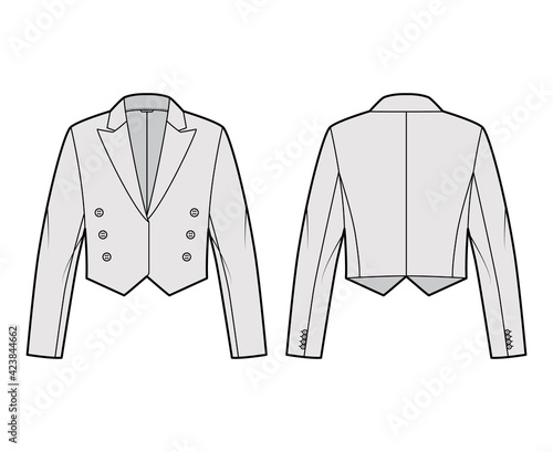 Mess eton jacket spencer technical fashion illustration with non-fastening double breast cut, long sleeves, crop waist length. Flat coat template front, back, grey color style. Women, top CAD mockup