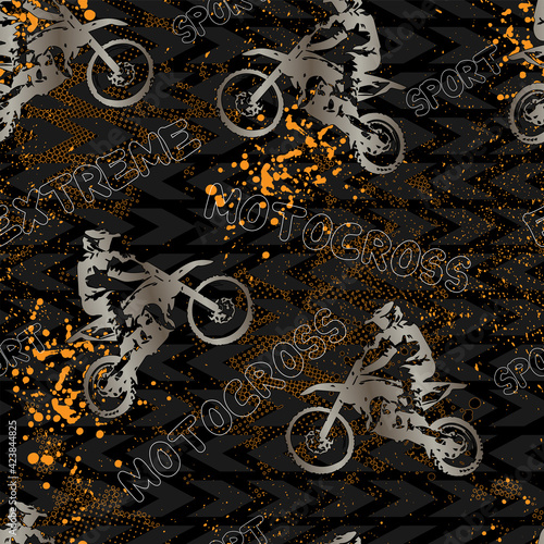 Abstract seamless grunge pattern with boy on motorcycle. Text extreme, motocross, orange grunge texture and arrows on black background.
