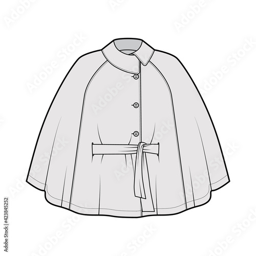 Cape coat mantle technical fashion illustration with belt, asymmetric collar, oversized trapeze body, fingertip length. Flat jacket template front, grey color style. Women, men, unisex top CAD mockup