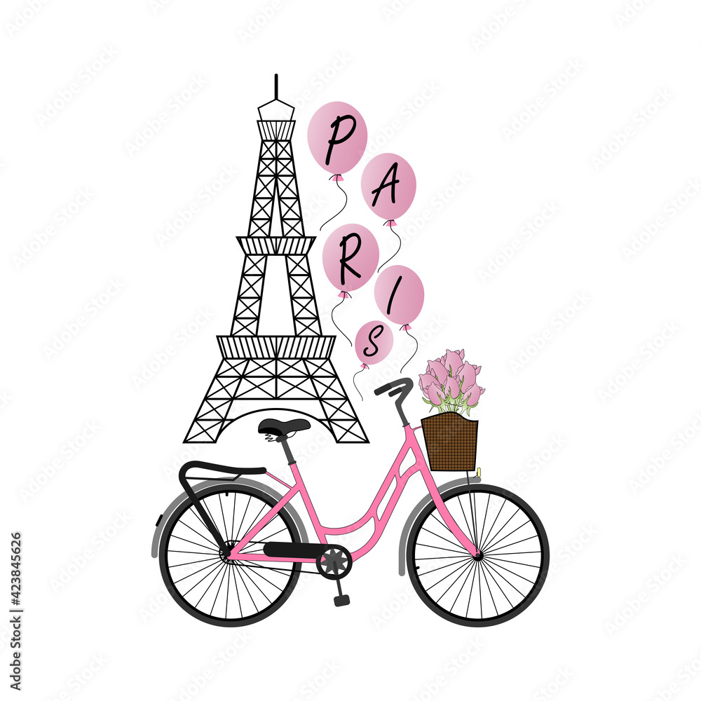 Vector illustration Paris. Eiffel tower, bike with bouquet of flowers and  balloons with text. vector de Stock | Adobe Stock