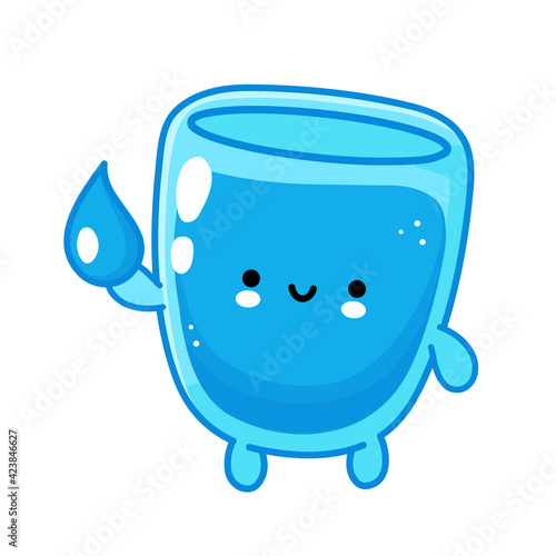 Cute funny happy water glass character hold aqua drop. Vector flat line cartoon kawaii character illustration icon. Isolated on white background. Water glass character concept