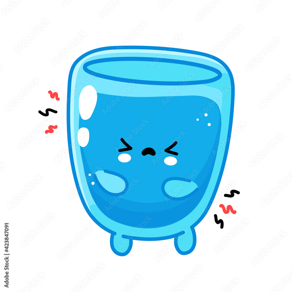 Cute funny sad water glass character. Vector flat line cartoon kawaii character illustration icon. Isolated on white background. Water glass character concept Cute funny sad water glass character. Vector flat line cartoon kawaii character illustration icon. Isolated on white background. Water glass character concept