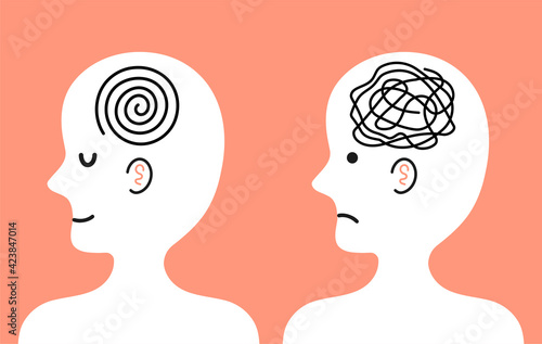 Cute human character with tangle of messy thoughts and clear mind in head. Vector cartoon kawaii character illustration icon. Bad and good mood, depression, mental health character concept