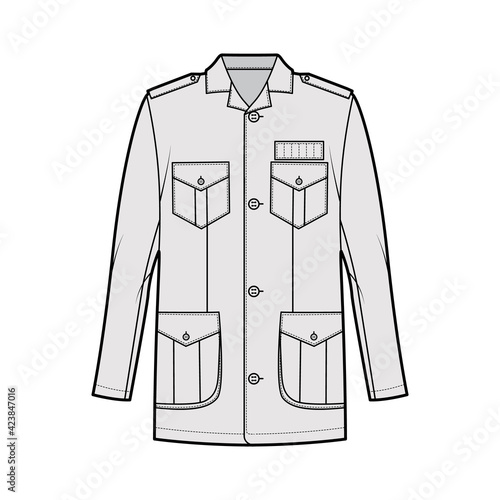 Safari jacket technical fashion illustration with oversized, open collar, long sleeve, pockets, button fastening, epaulettes. Flat coat template front grey color style. Women men unisex top CAD mockup