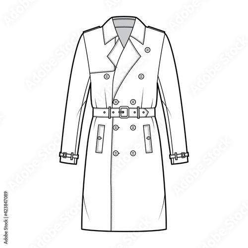 Trench coat technical fashion illustration with belt, double breasted, long sleeves, knee length, storm flap. Flat jacket template front, white color style. Women, men, unisex top CAD mockup