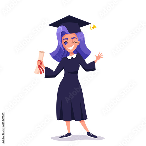 Happy Graduate Student Girl with violet hair in an academic cap and mantle holding diploma, smiling and celebrating graduation. Vector illustration in cartoon style isolated on white background