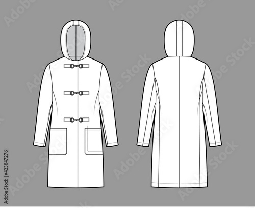 Clasp coat technical fashion illustration with long sleeves, hood, oversized body, patch pockets, knee length. Flat jacket template front, back, white color style. Women, men, unisex top CAD mockup