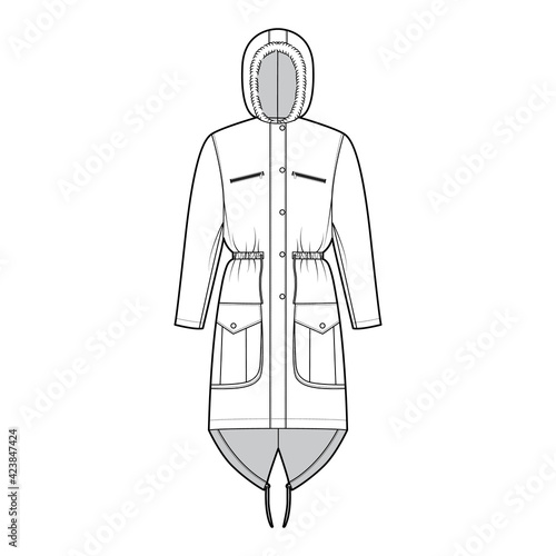 Parka coat technical fashion illustration with faux fur hood, long sleeves, fitted body, knee length, flap pockets. Flat jacket template front, white color style. Women, men, unisex top CAD mockup