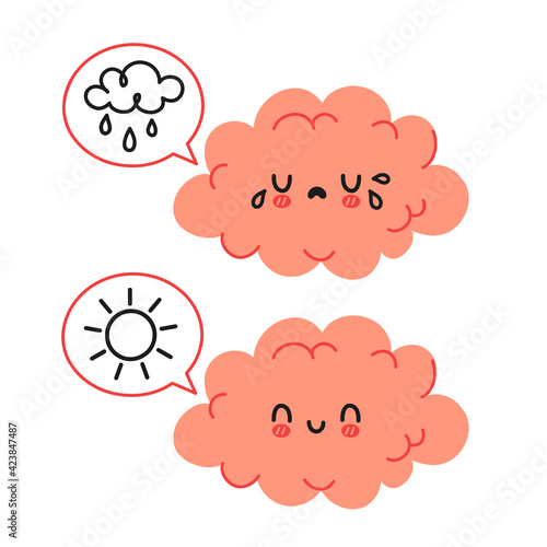 Cute funny brain character and speech bubble with sun and rain cloud. Vector cartoon kawaii character illustration icon. Isolated on white background. Brain sad and happy mood character concept