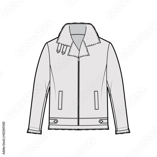 Zip-up Bomber leather jacket technical fashion illustration with fur shearing, oversized, thick collar, long sleeves, welt pockets. Flat coat front, grey color style. Women men unisex top CAD mockup