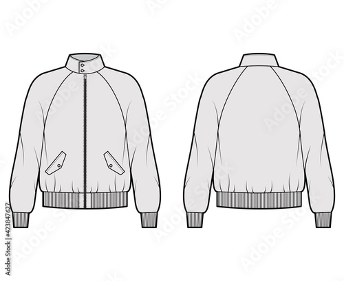 Zip-up Harrington Bomber jacket technical fashion illustration with Rib cuffs, waistband, oversized, flap pockets. Flat coat template front, back, grey color. Women men unisex top CAD mockup
