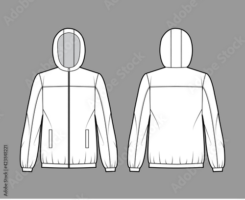 Windbreaker jacket technical fashion illustration with hood, oversized, long sleeves, welt pockets, zip-up opening. Flat coat template front, back white color style. Women, men, unisex top CAD mockup