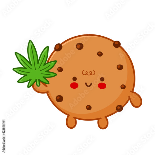 Cute funny chocolate cookie with marijuana weed leaf character. Vector flat line cartoon kawaii character illustration icon. Isolated on white background. Weed edible cookie character bundle concept