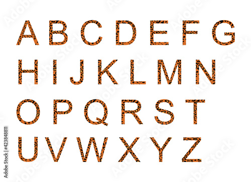 Jaguar alphabet, vector font with wild pattern vector illustration isolated on white background. Animal words print, jaguar letters sign. Southern America wild animal predator skin symbol.
