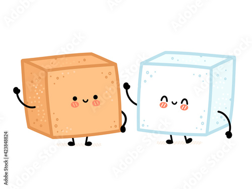 Cute funny happy white and brown cane sugar piece cube character. Vector flat line cartoon kawaii character illustration icon. Isolated on white background. Sugar cube characters concept