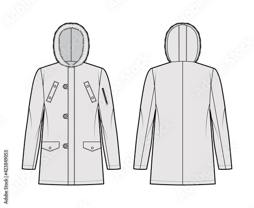 N-3B flight parka technical fashion illustration with oversized, fur hood, long sleeves, pockets, button loop opening. Flat coat template front, back grey color style. Women men unisex top CAD mockup