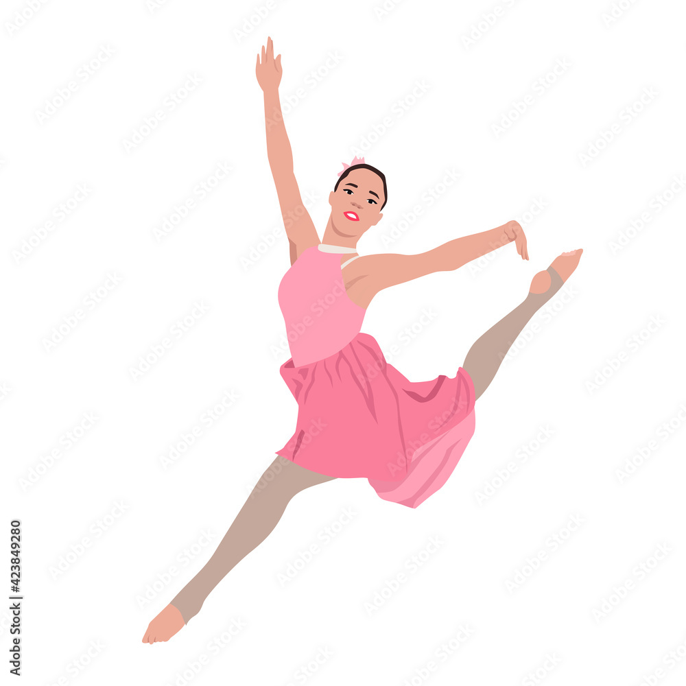 Vector elegant ballerina in green tutu dress, dancing on pointe shoes. Female beautiful classic theater dancer character on isolated background. Ballet artist illustration Vector elegant ballerina in green tutu dress, dancing on pointe shoes. Female beautiful classic theater dancer character on isolated background. Ballet artist illustration