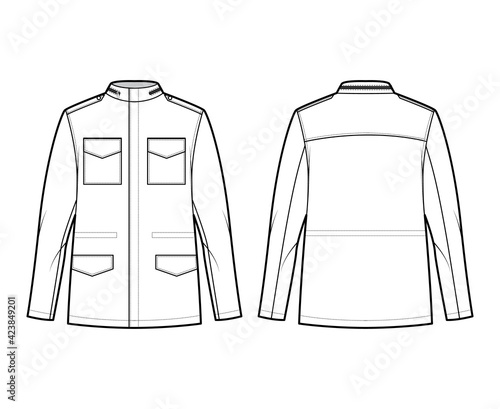M-65 field jacket technical fashion illustration with oversized, stand collar, long sleeves, flap pockets, epaulettes. Flat coat template front, back white color style. Women men unisex top CAD mockup