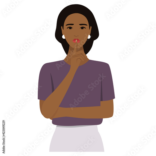 Woman putting her finger on mouth. Asking the audience to keep silence. Flat vector illustration