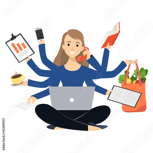Multitasking. Busy woman with many arms doing many tasks at the same time. Vector flat illustration concept freelancer character work from home office. Time management. Data Analysis. Businesswoman
