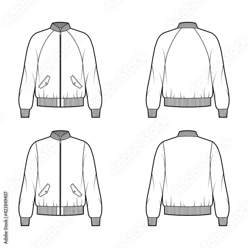 Fototapete Set of Zip-up Bomber jackets technical fashion illustration with Rib baseball collar, cuffs, oversized, long raglan sleeves, flap pockets