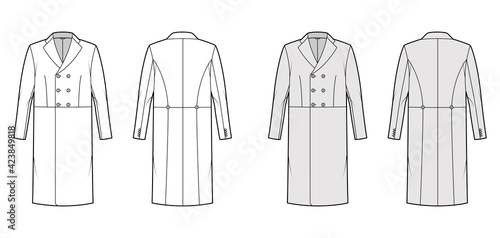 Edwardian Frock jacket technical fashion illustration with long sleeves, notched collar, three quarter knee length. Flat coat template front, back, white, grey color. Women, men, unisex top CAD mockup