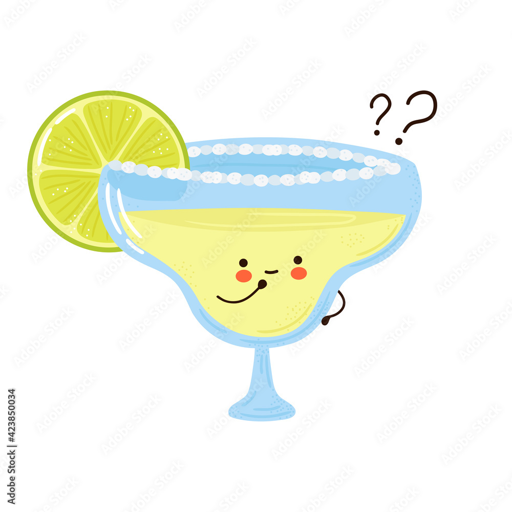 Cute funny Margarita cocktail with question marks. Vector hand drawn cartoon kawaii character illustration icon. Isolated on white background. Margarita cocktail think concept Cute funny Margarita cocktail with question marks. Vector hand drawn cartoon kawaii character illustration icon. Isolated on white background. Margarita cocktail think concept