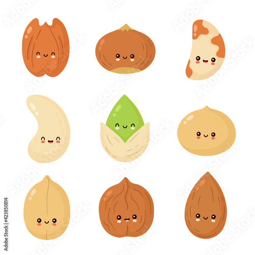 Cute happy nuts set. Vector flat cartoon character illustration icon design. Isolated on white background. Peanut, hazelnut, walnut, Brazil nut, pistachio, cashew, pecan, almond characters collection