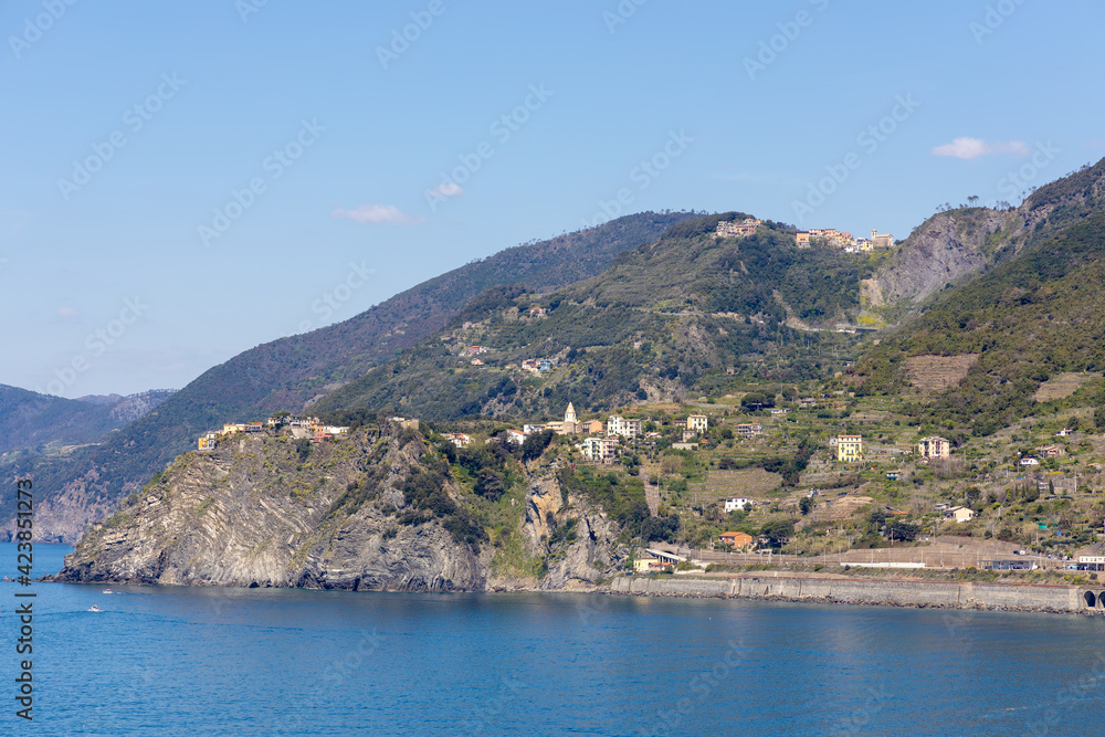 CORNIGLIA, LIGURIA/ITALY  - APRIL 20 : View of the coastline at Corniglia Liguria Italy on April 20, 2019.