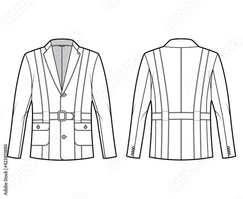 Norfolk jacket technical fashion illustration with belt, oversized, long sleeves, notched collar, button opening. Flat coat template front, back, white color style. Women, men, unisex top CAD mockup