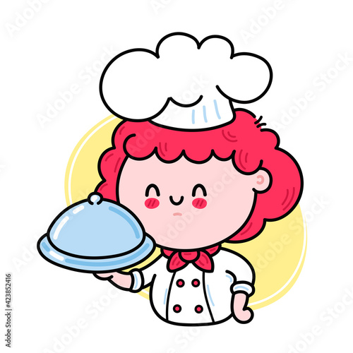 Cute funny chef cook girl character serving a dish. Vector hand drawn cartoon kawaii character illustration icon. Isolated on white background. Cute kawaii woman lady cook character logo concept