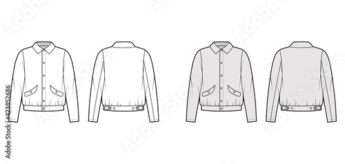 Blouson jacket technical fashion illustration with classic collar, oversized, long sleeves, flap pockets, snap. Flat coat template front, back white, grey color. Women men unisex top CAD mockup