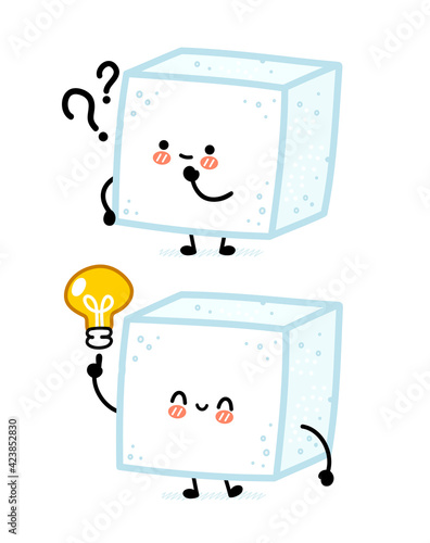 Cute sugar piece cube character with question mark and idea lightbulb. Vector flat line cartoon kawaii character illustration icon. Isolated on white background. Sugar cube character concept