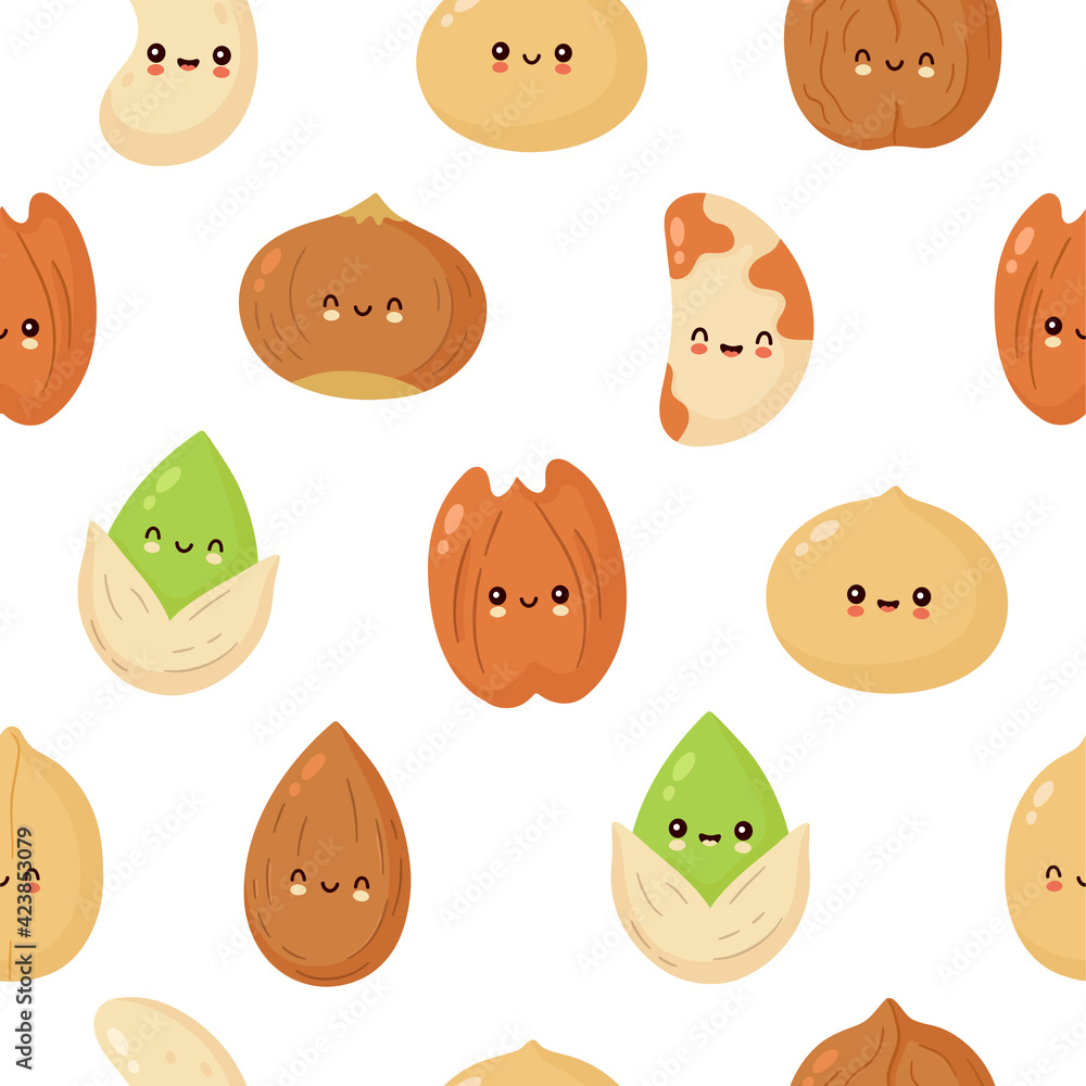 Obraz premium Cute happy nuts seamless pattern. Vector flat cartoon character illustration icon design. Isolated on white background. Peanut,hazelnut,walnut,Brazil nut, pistachio, cashew, pecan, almond characters