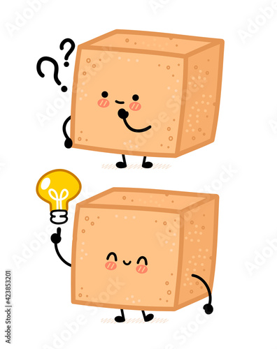 Cute brown cane sugar piece cube character with question mark and idea lightbulb. Vector flat line cartoon kawaii character illustration. Isolated on white background. Sugar cube character concept