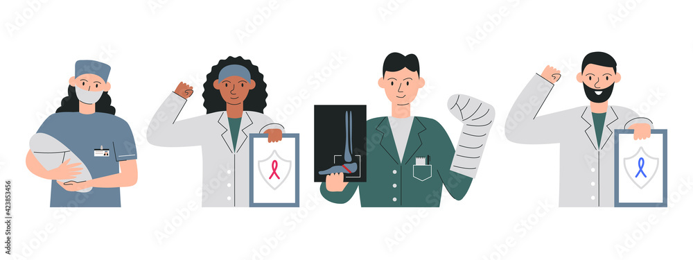 Medical personnel staff team isolated on white. Modern portraits of obstetrician gynecologist, oncologist, traumatologist and urologist. Real frontline heroes among us. Vector flat line illustration