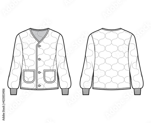 ALS 92 field jacket liner technical fashion illustration with oversized, long sleeves, pockets, Onion quilted shell. Flat coat template front, back white color style. Women men unisex top CAD mockup