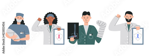 Medical personnel staff team isolated on white. Modern portraits of obstetrician gynecologist, oncologist, traumatologist and urologist. Real frontline heroes among us. Vector flat line illustration