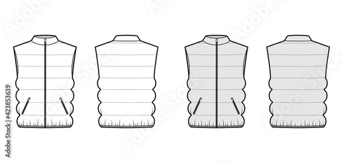 Down vest puffer waistcoat technical fashion illustration with sleeveless, stand collar, zip-up closure, pockets. Flat template front, back, white, grey color style. Women, men, unisex top CAD mockup