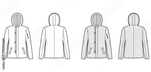 N-2B flight jacket technical fashion illustration with oversized, fur hood, long sleeves, flap pockets, button loop opening. Flat coat template front, back white grey color style. Women men CAD mockup