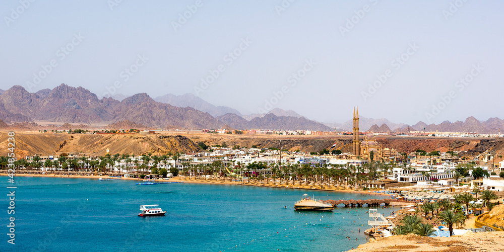 beautiful panoramic view of Sharm el-Maya bay, Hadaba in Sharm el-Sheikh, Egypt, South Sinai, with clear blue sea, mysterious mountains and an incredibly cozy bay