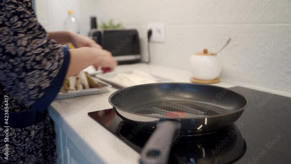 Woman cooking dinner frying Smelt koryushka fish in a frying pan in modern kitchen at home, koryushka rolled in wheat flour and gently fried. High quality 4k footage Woman cooking dinner frying Smelt koryushka fish in a frying pan in modern kitchen at home, koryushka rolled in wheat flour and gently fried. High quality 4k footage