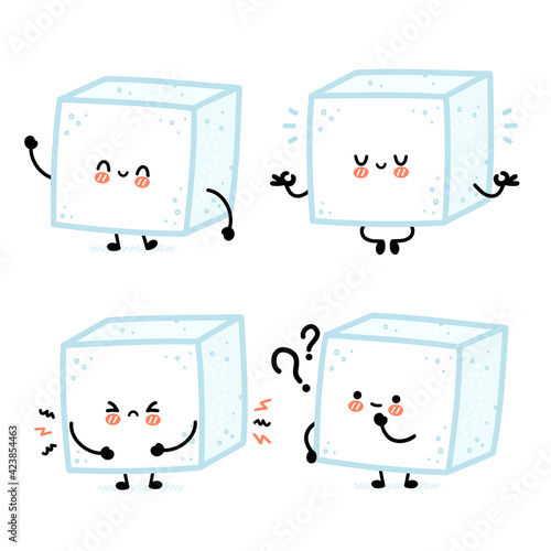 Cute funny happy sugar piece cube character set collection. Vector flat line cartoon kawaii character illustration icon. Isolated on white background. Sugar cube character bundle concept