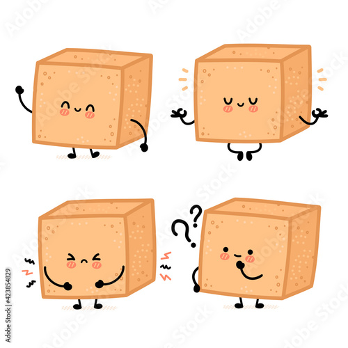 Cute funny happy brown cane sugar piece cube character set collection. Vector flat line cartoon kawaii character illustration icon. Isolated on white background. Sugar cube character bundle concept