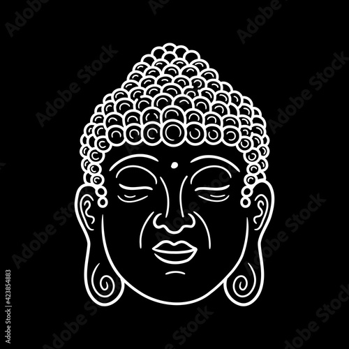 Buddha portrait in black background. Vector hand drawn style character illustration icon. Buddha face character line print for poster,card,t-shirt concept