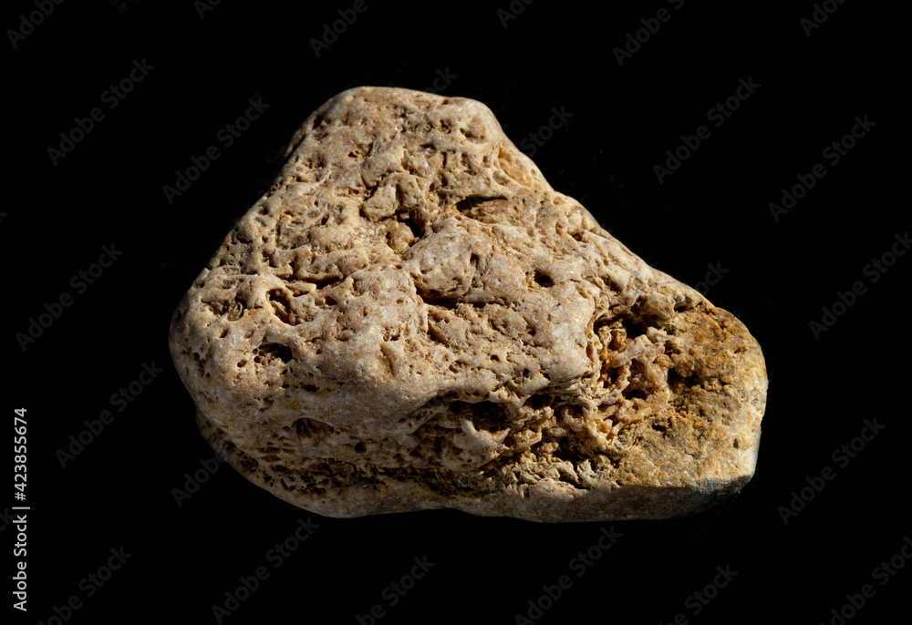 Limestone mineral nugget from Crimea isolated on black background. For geology or mineralogy websites, stone collection catalog, Natural Science museum wall charts or posters Limestone mineral nugget from Crimea isolated on black background. For geology or mineralogy websites, stone collection catalog, Natural Science museum wall charts or posters